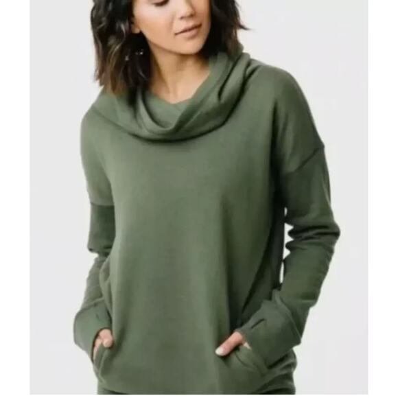 ZYIA Tops - Zyia Active Size S Oh So Soft Olive Hoodie Cowl Neck Kangaroo Pocket Comfy Cozy